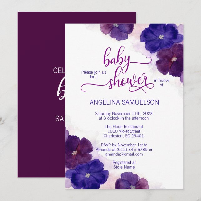 Watercolor Purple Plum Blue Floral BABY SHOWER Invitation (Front/Back)
