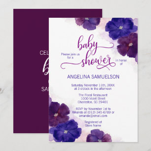 Watercolor Purple Plum Blue Floral BABY SHOWER Invitation