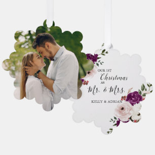Watercolor Purple Plum Blush Pink Floral Photo  Tree Decoration Card