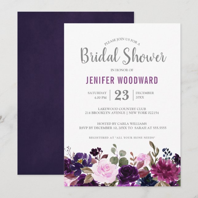 Watercolor Purple Plum Floral Boho Bridal Shower Invitation (Front/Back)