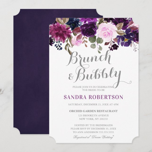 Watercolor Purple Plum Floral Boho Bridal Shower Invitation (Front/Back)