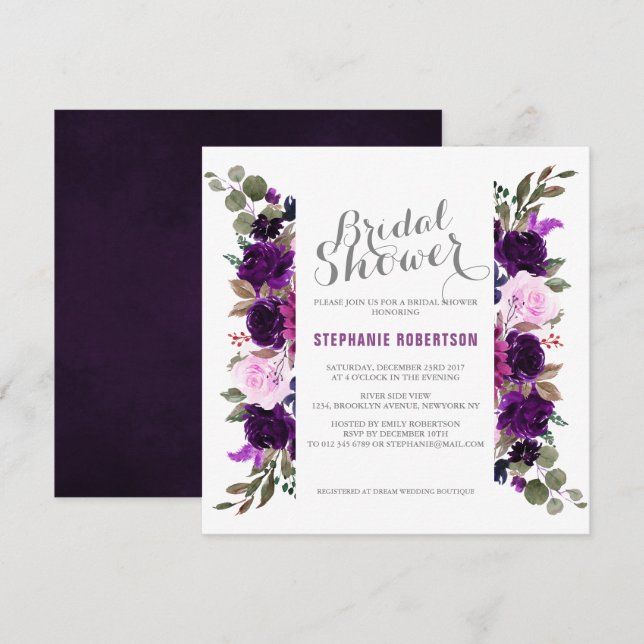 Watercolor Purple Plum Floral Boho Bridal Shower Invitation (Front/Back)
