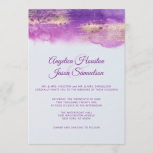 Watercolor Purple Plum Mauve Gold Wedding Invitation