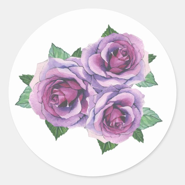 Watercolor Purple Rose Bouquet Floral Classic Round Sticker (Front)
