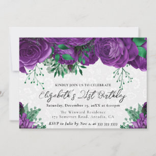 Watercolor Purple Roses 21st Birthday Invitation