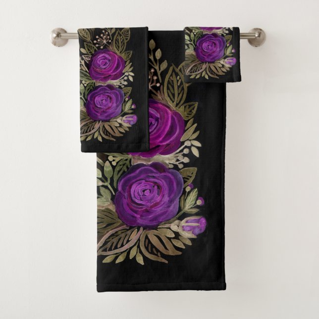 Watercolor Purple roses Bath Towel Set (Insitu)