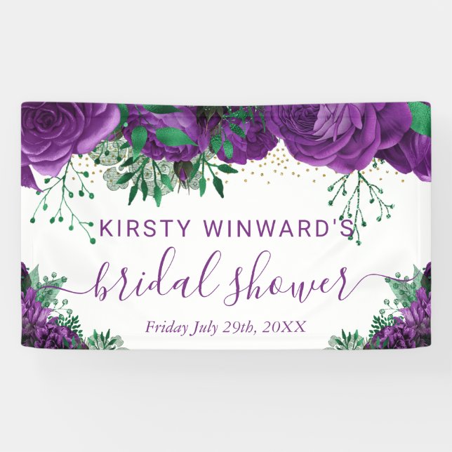 Watercolor Purple Roses Bridal Shower Welcome Banner (Horizontal)