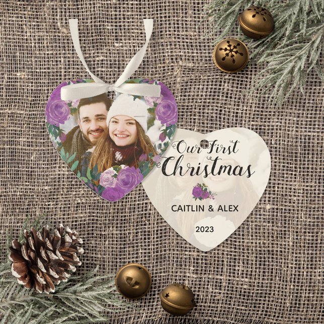 Watercolor Purple Roses Couple Photo Christmas Ornament (Romantic Dated First Christmas Ornament Keepsake with Whimsical Typography and Purple Roses)