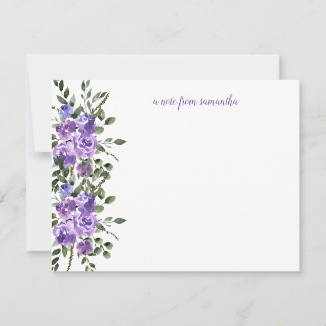 Watercolor Purple Roses Green Leaves Monogram Card (Front)