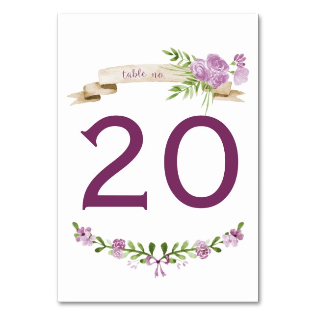 Watercolor Purple Roses Greenery Table Numbers (Front)