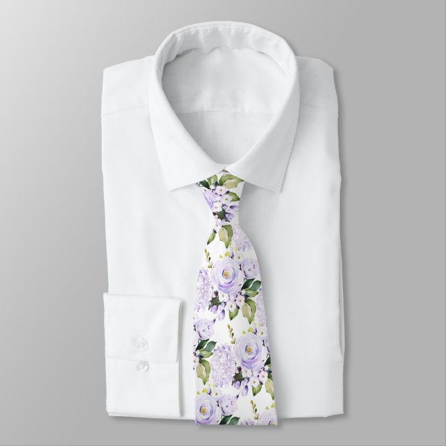 Watercolor Purple Roses Hydrangeas Neck Tie (Tied)