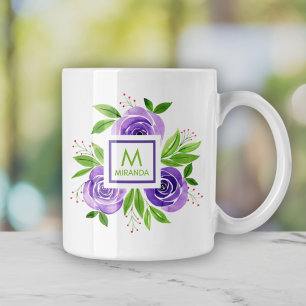 Watercolor Purple Roses Personalised Monogram Coffee Mug