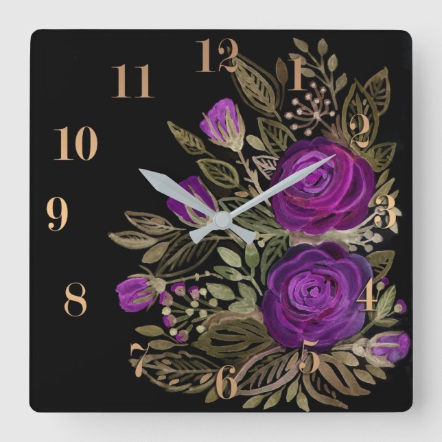 Watercolor Purple roses Square Wall Clock (Front)
