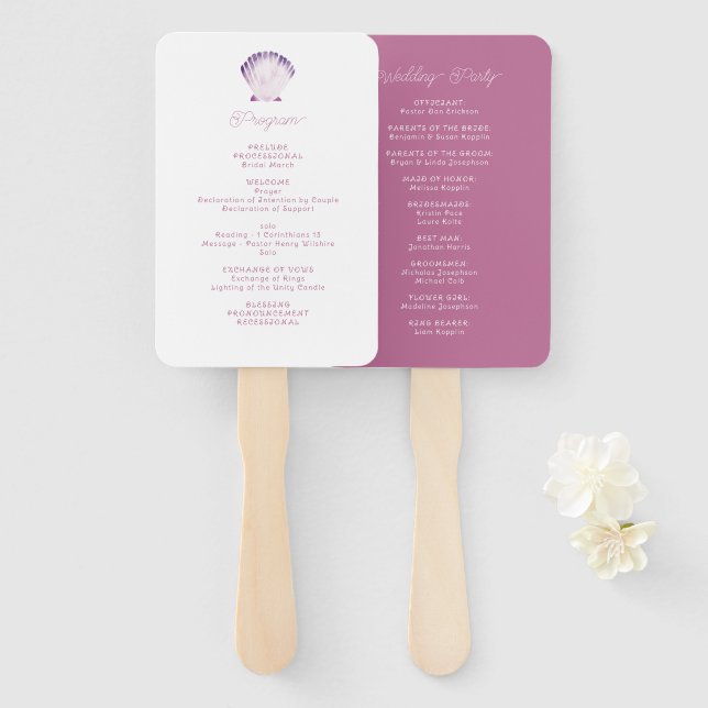 Watercolor Purple Seashell Wedding Program Hand Fan (Front and Back)