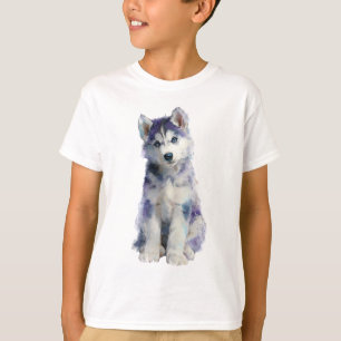 Watercolor Purple Siberian Husky Puppy Kids T-Shirt