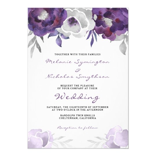 Watercolor Purple Silver Floral wedding 3963 Card
