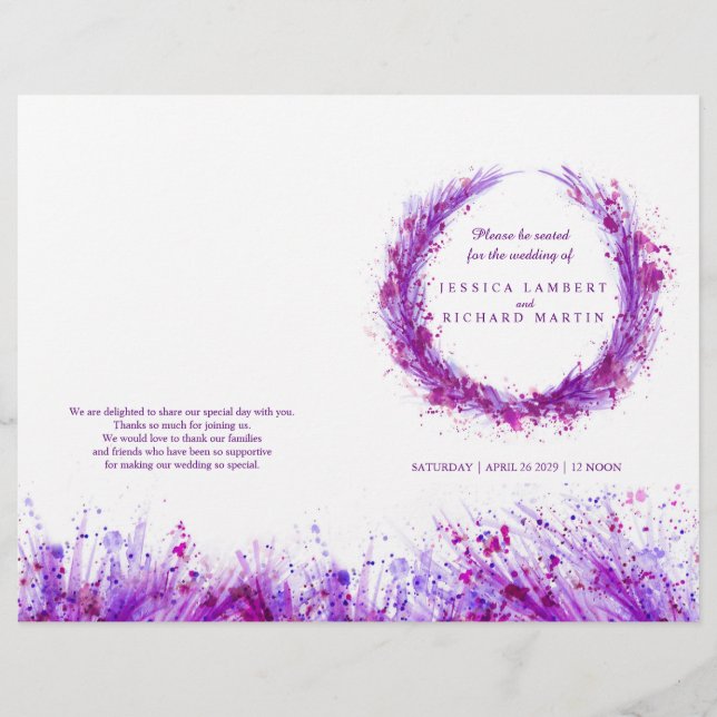 Watercolor purple splash wreath wedding programme (Front)