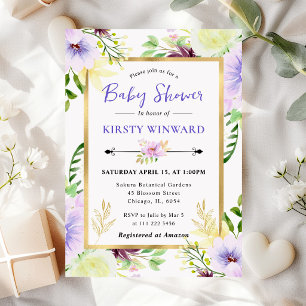 Watercolor Purple Summer Flowers Baby Shower Invitation