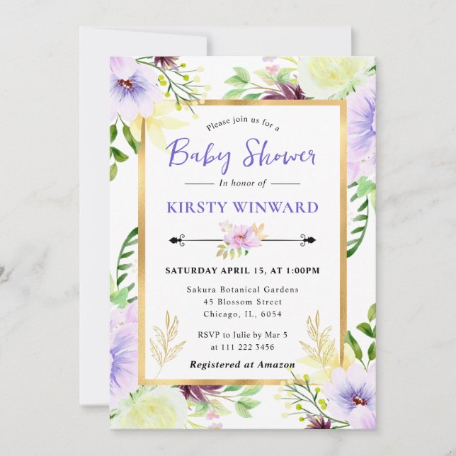 Watercolor Purple Summer Flowers Baby Shower Invitation (Front)
