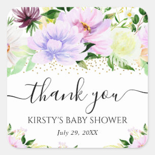 Watercolor Purple Summer Flowers Baby Shower Square Sticker