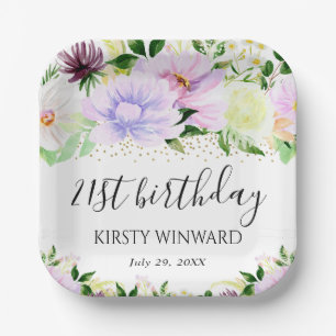Watercolor Purple Summer Flowers Birthday Paper Plate