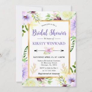 Watercolor Purple Summer Flowers Bridal Shower Invitation