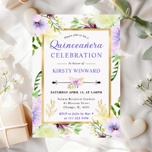 Watercolor Purple Summer Flowers Quinceanera Invitation