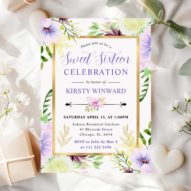 Watercolor Purple Summer Flowers Sweet 16 Invitation (Creator Uploaded)