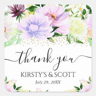 Watercolor Purple Summer Flowers Wedding Square Sticker