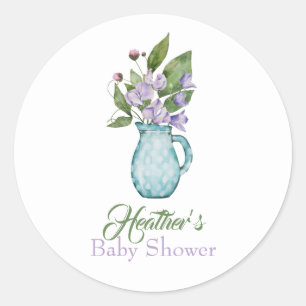 Watercolor Purple Sweet Pea Flowers Baby Shower Classic Round Sticker