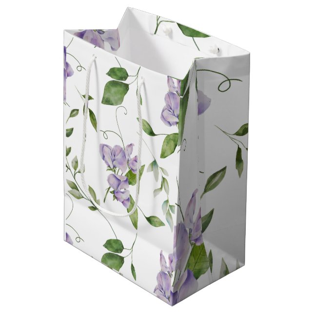 Watercolor Purple Sweet Pea Flowers Elegant Medium Gift Bag (Front Angled)