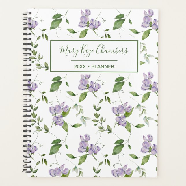 Watercolor Purple Sweet Pea Flowers Planner (Front)