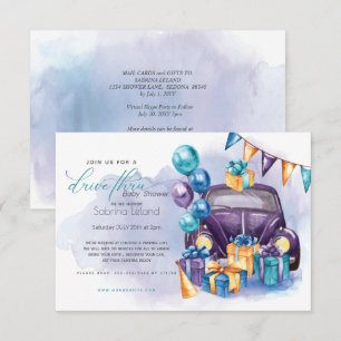 Watercolor Purple Teal Drive-Thru Baby Shower Invitation