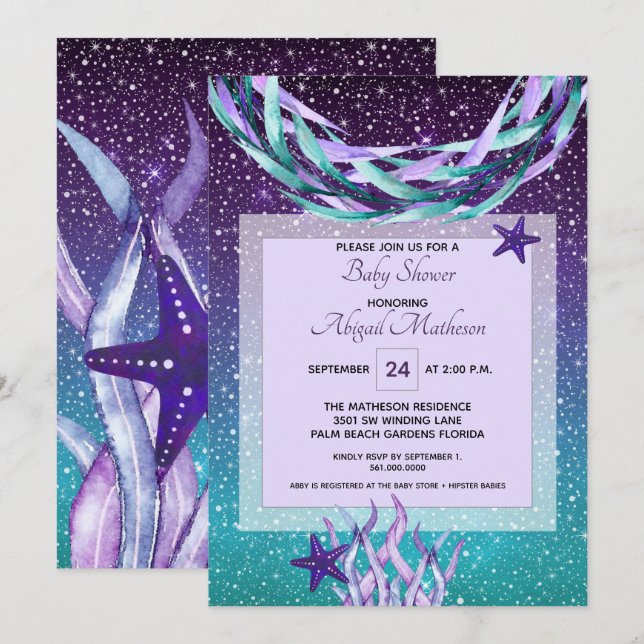 Watercolor Purple + Teal Under The Sea Baby Shower Invitation (Front/Back)