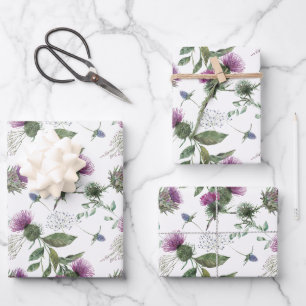 Watercolor Purple Thistle Botanical Pattern Wrapping Paper Sheet