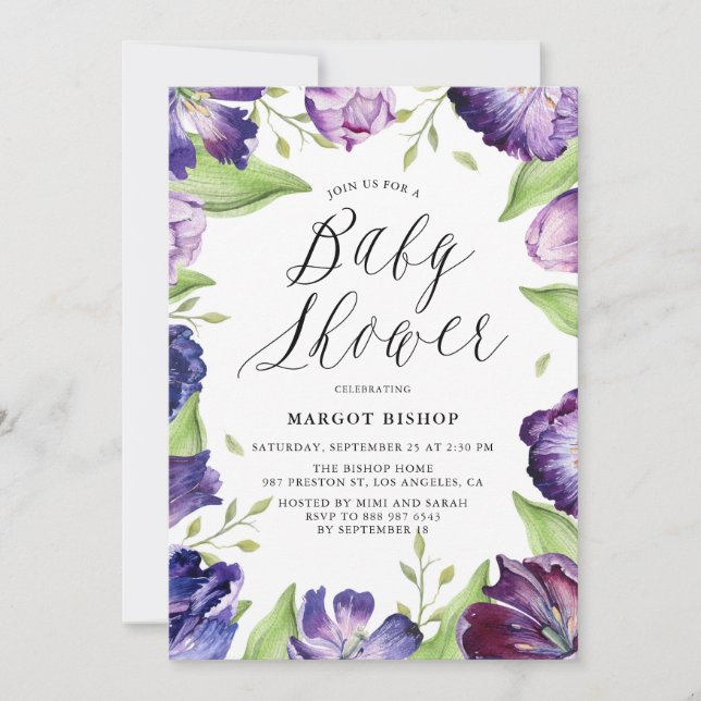 Watercolor Purple Tulips Floral Frame Baby Shower Invitation (Front)