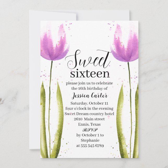 Watercolor Purple Tulips Floral Sweet 16 Sixteen Invitation (Front)