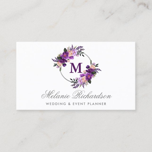 Watercolor Purple Ultra Violet Floral Monogram Business Card (Front)