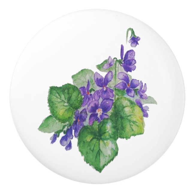 Watercolor Purple Violet Flower painting.  Floral Ceramic Knob (Front)