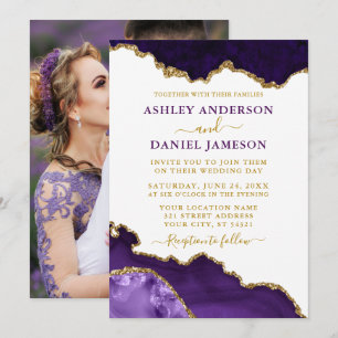 Watercolor Purple Violet Gold Marble Geode Photo Invitation