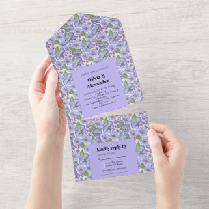 Watercolor Purple Violets & Floral Pattern All In One Invitation