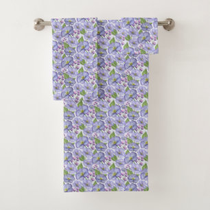 Watercolor Purple Violets & Floral Pattern Bath Towel Set