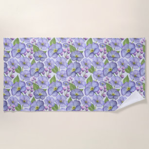 Watercolor Purple Violets & Floral Pattern Beach Towel