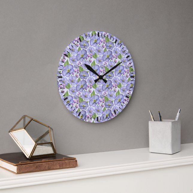 Watercolor Purple Violets & Floral Pattern Large Clock (Office)