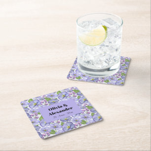 Watercolor Purple Violets & Floral Pattern Square Paper Coaster