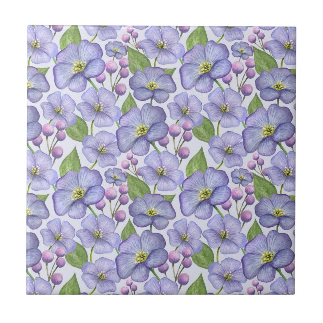 Watercolor Purple Violets & Floral Pattern Tile (Front)
