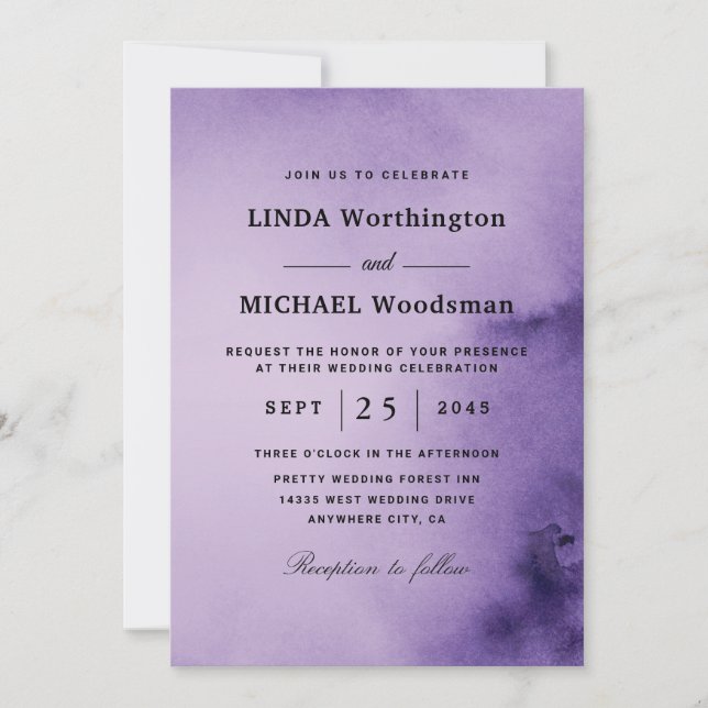 watercolor purple wash wedding invitations (Front)