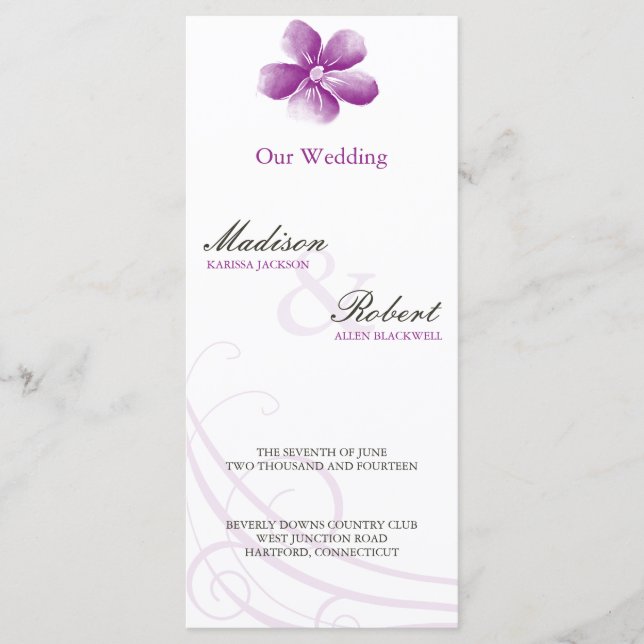 Watercolor Purple Wedding Program Card (Front)