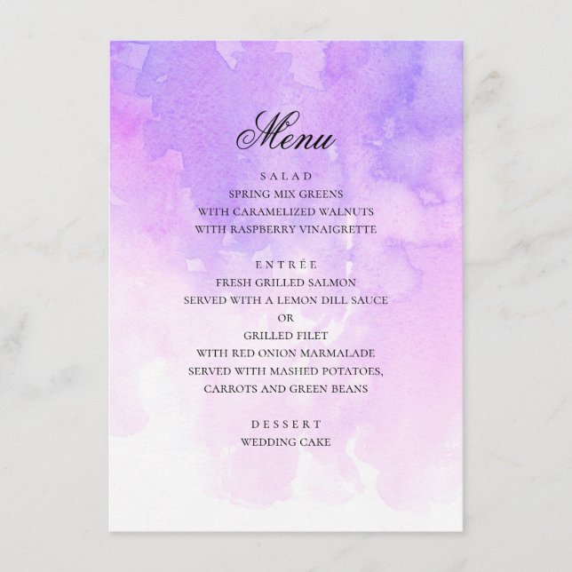 Watercolor purple wedding. Romantic lavender Menu (Front)