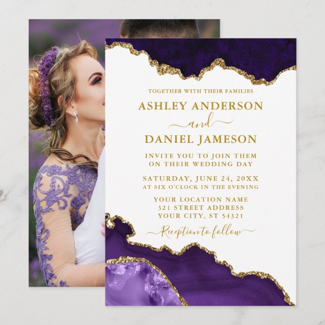 Watercolor Purple White Gold Marble Geode Photo Invitation (Front/Back)
